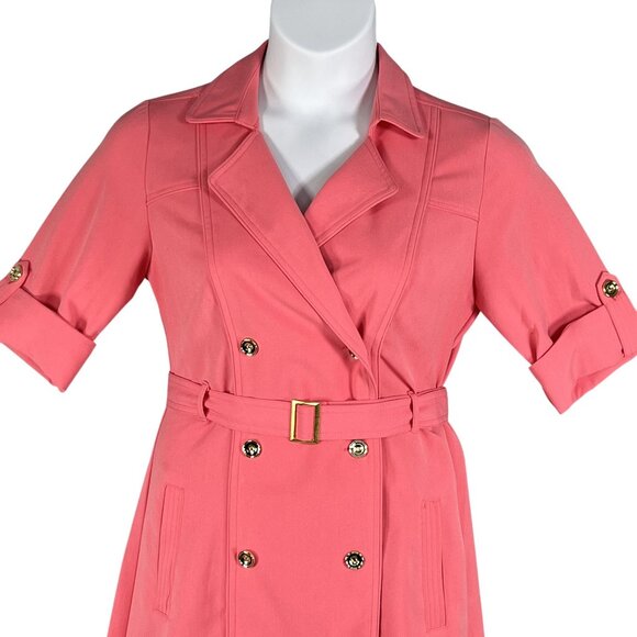 Sharagano 10 Coral Double Breasted Shirt Dress Pockets Belt Tab Sleeves Office - Picture 8 of 16